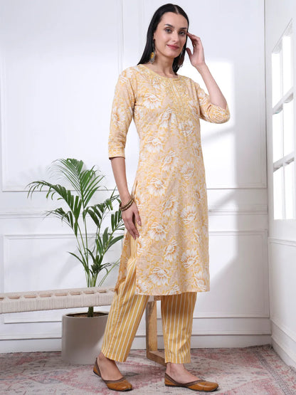 Yellow Floral Print Thread Work Straight Kurta Trouser Dupatta Set