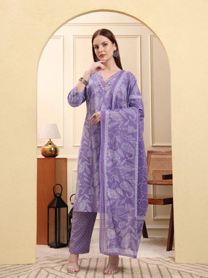 Purple Pure Cotton Thread Work Straight Kurta Trouser Dupatta Set