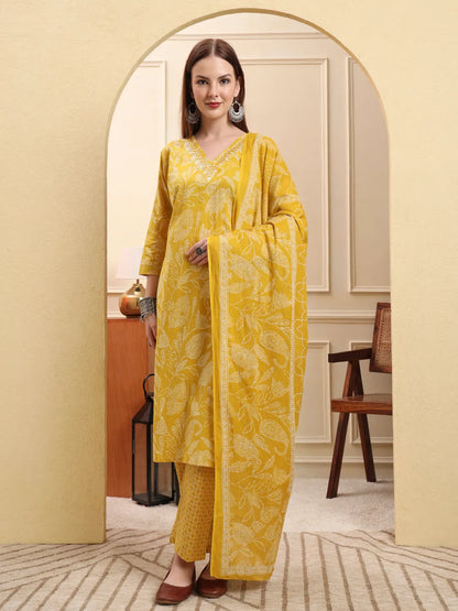 Yellow Pure Cotton Thread Work Straight Kurta Trouser Dupatta Set