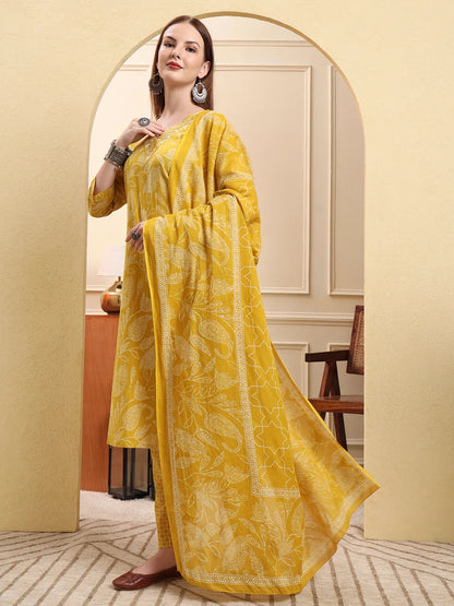 Yellow Pure Cotton Thread Work Straight Kurta Trouser Dupatta Set