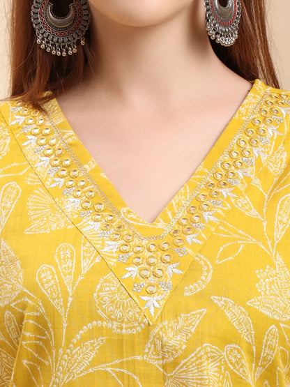 Yellow Pure Cotton Thread Work Straight Kurta Trouser Dupatta Set