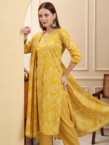 Yellow Pure Cotton Thread Work Straight Kurta Trouser Dupatta Set