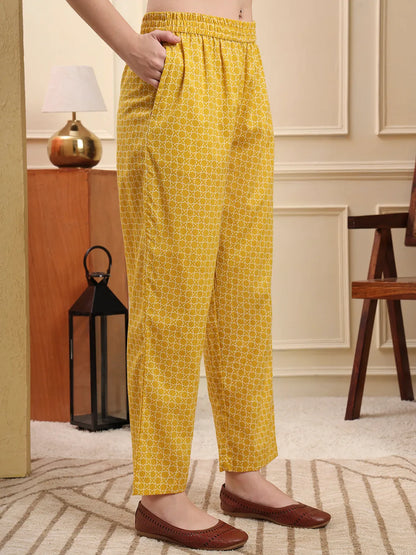 Yellow Pure Cotton Thread Work Straight Kurta Trouser Dupatta Set