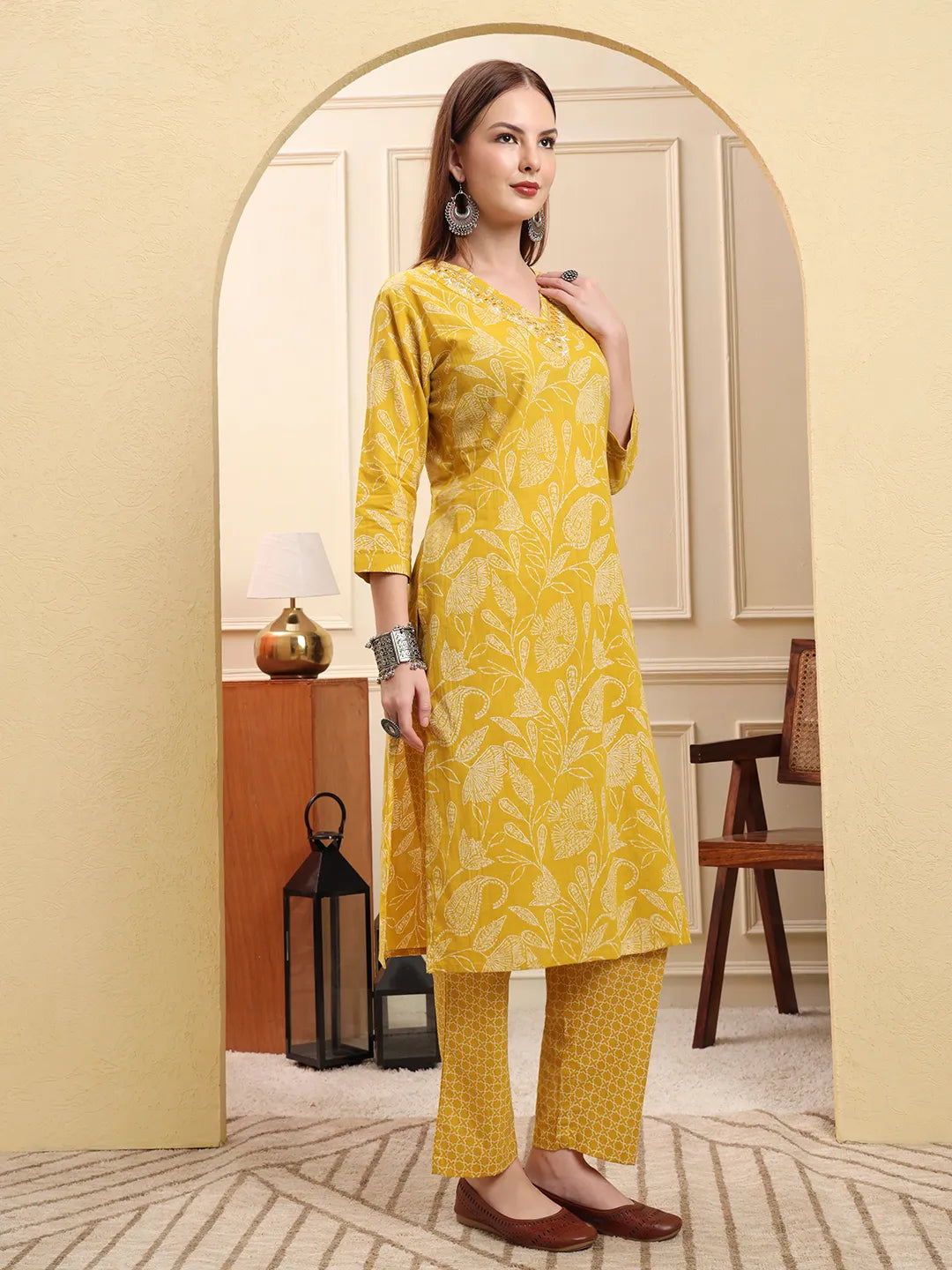 Yellow Pure Cotton Thread Work Straight Kurta Trouser Dupatta Set
