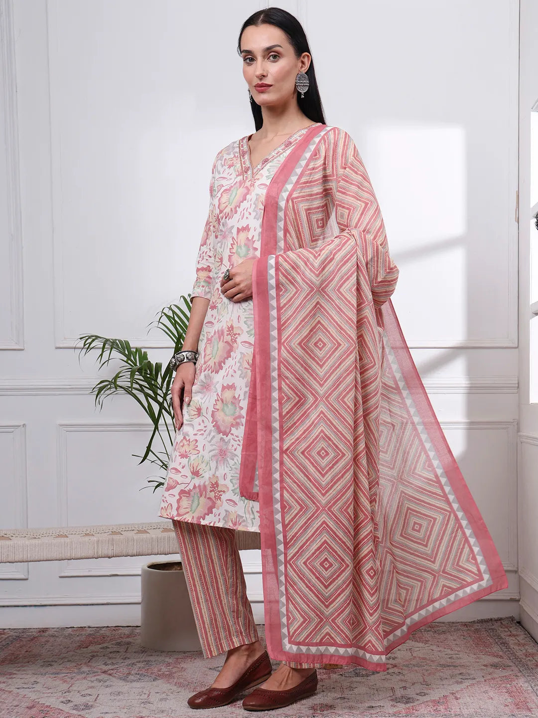Peach And White Floral Print Straight Kurta Trouser Dupatta Set