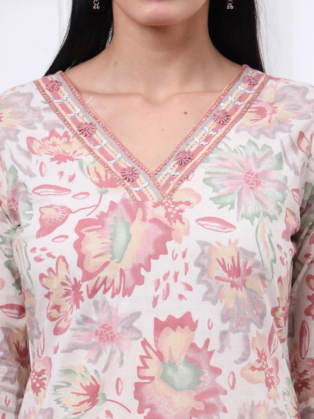 Peach And White Floral Print Straight Kurta Trouser Dupatta Set