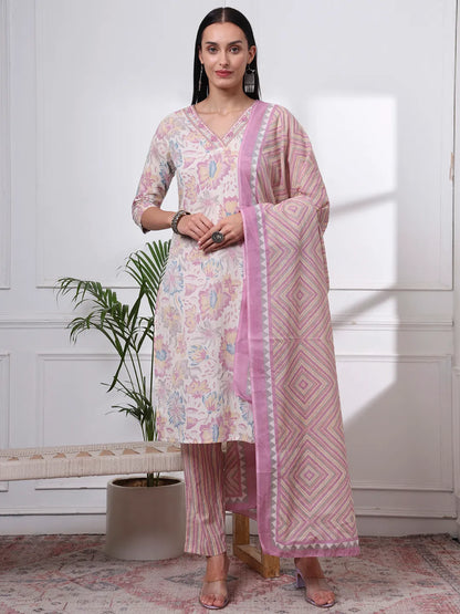 Purple And White Floral Print Straight Kurta Trouser Dupatta Set