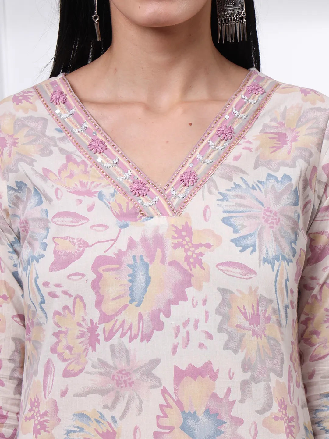 Purple And White Floral Print Straight Kurta Trouser Dupatta Set