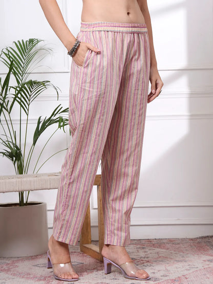 Purple And White Floral Print Straight Kurta Trouser Dupatta Set