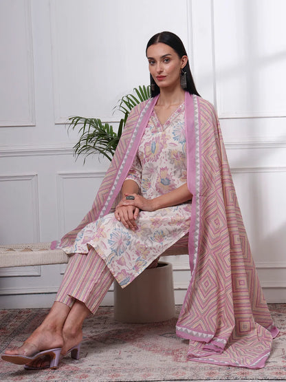 Purple And White Floral Print Straight Kurta Trouser Dupatta Set