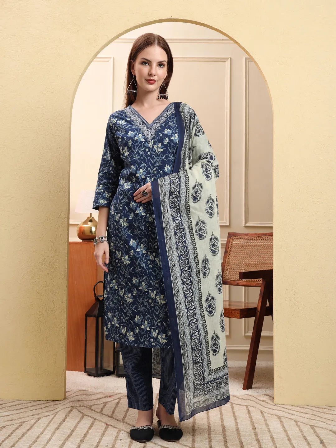 Navy Blue Pure Cotton Kurta Dupatta Pant Set