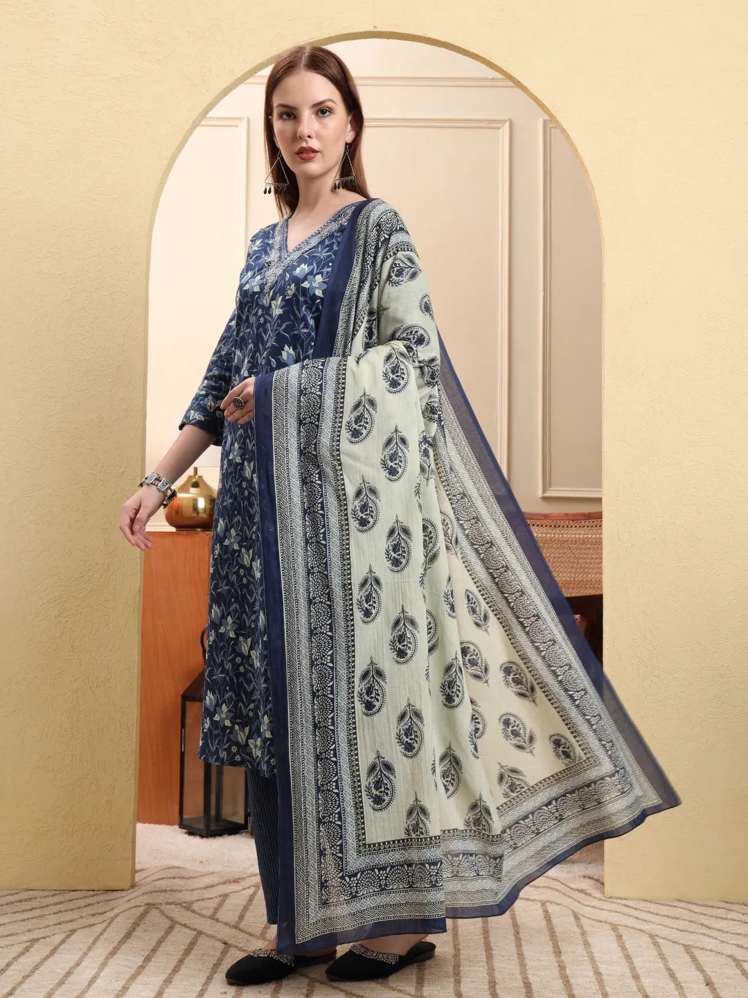 Navy Blue Pure Cotton Kurta Dupatta Pant Set