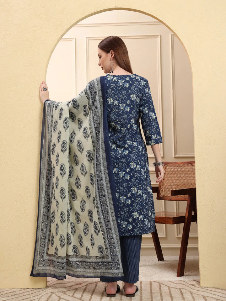 Navy Pure Cotton Kurta Dupatta Pant Set