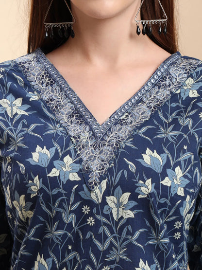 Navy Blue Pure Cotton Kurta Dupatta Pant Set