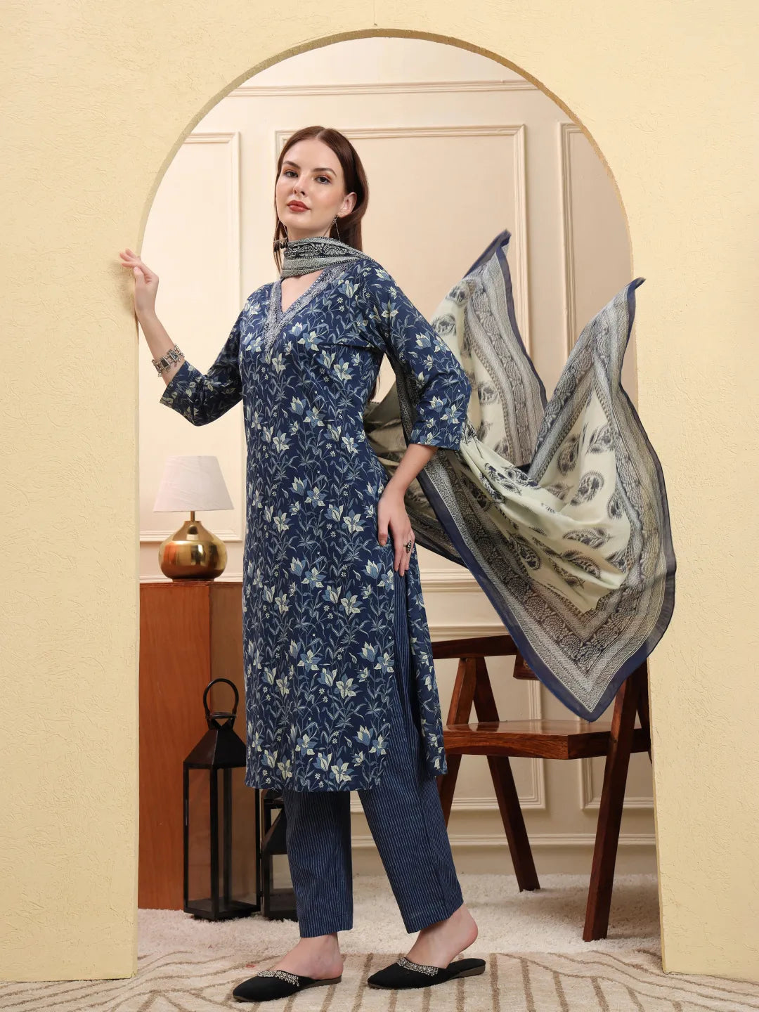 Navy Pure Cotton Kurta Dupatta Pant Set