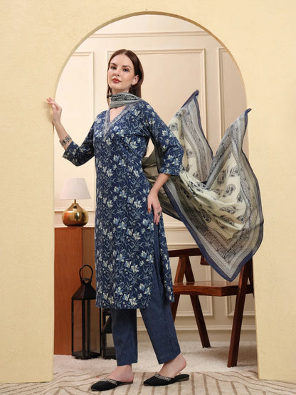 Navy Blue Pure Cotton Kurta Dupatta Pant Set