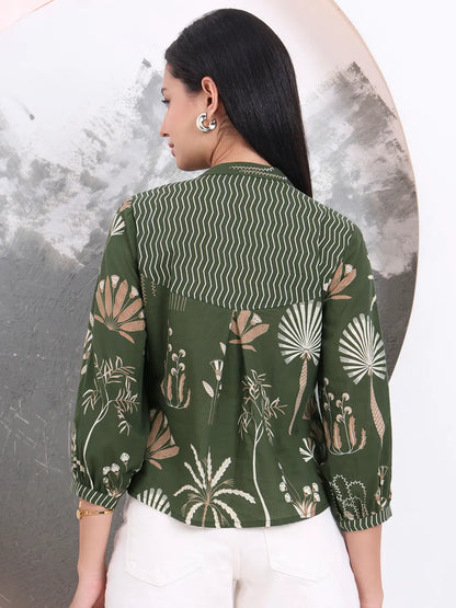 Green Cotton Three Quarter Puffed Sleeves Top