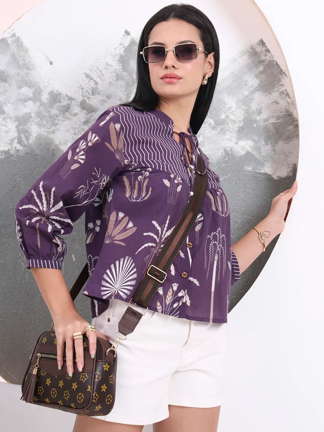 Purple Cotton Three Quarter Puffed Sleeves Top