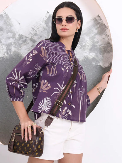 Purple Cotton Three Quarter Puffed Sleeves Top