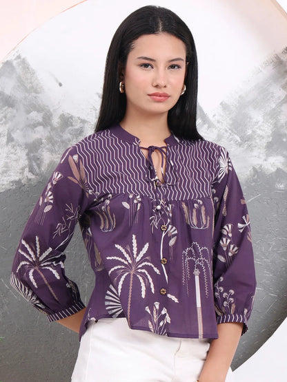 Purple Cotton Three Quarter Puffed Sleeves Top