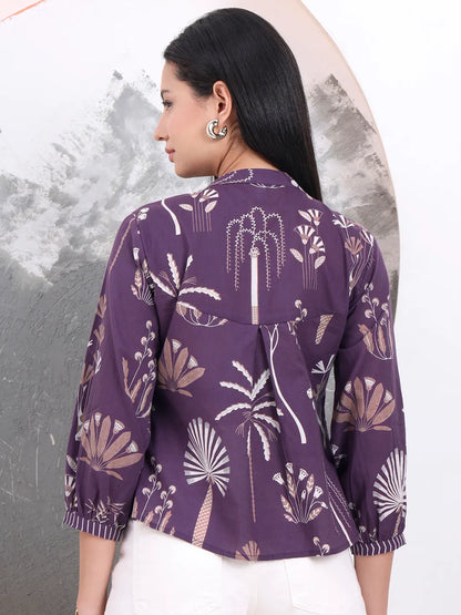 Purple Cotton Three Quarter Puffed Sleeves Top