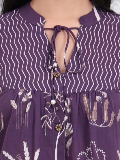 Purple Cotton Three Quarter Puffed Sleeves Top