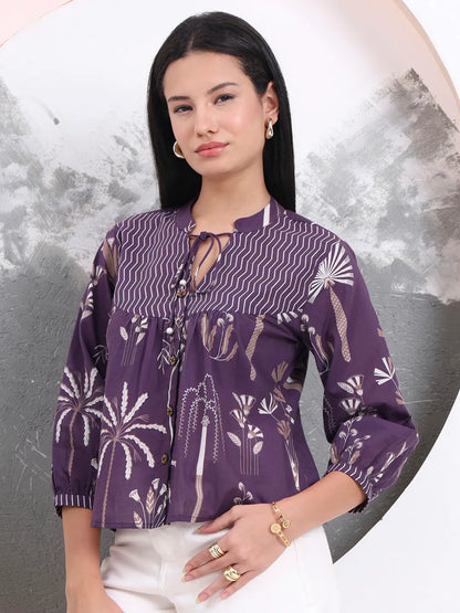 Purple Cotton Three Quarter Puffed Sleeves Top
