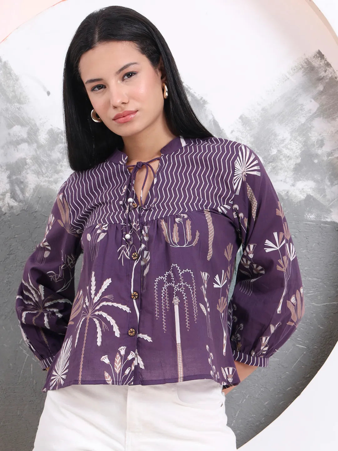 Purple Cotton Three Quarter Puffed Sleeves Top