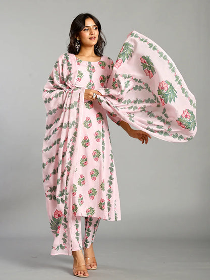 Pink Block Print Handcrafted Cotton Flared Kurta Set