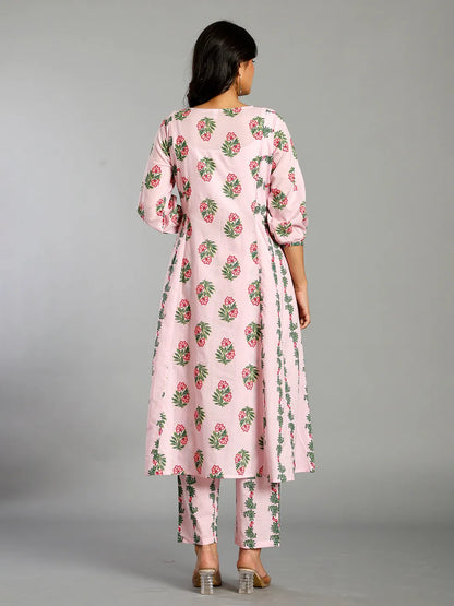 Pink Block Print Handcrafted Cotton Flared Kurta Set