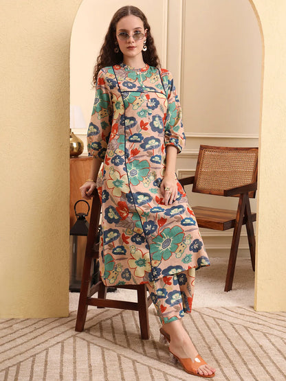 Peach Floral Print A-Line Kurta Trouser Set