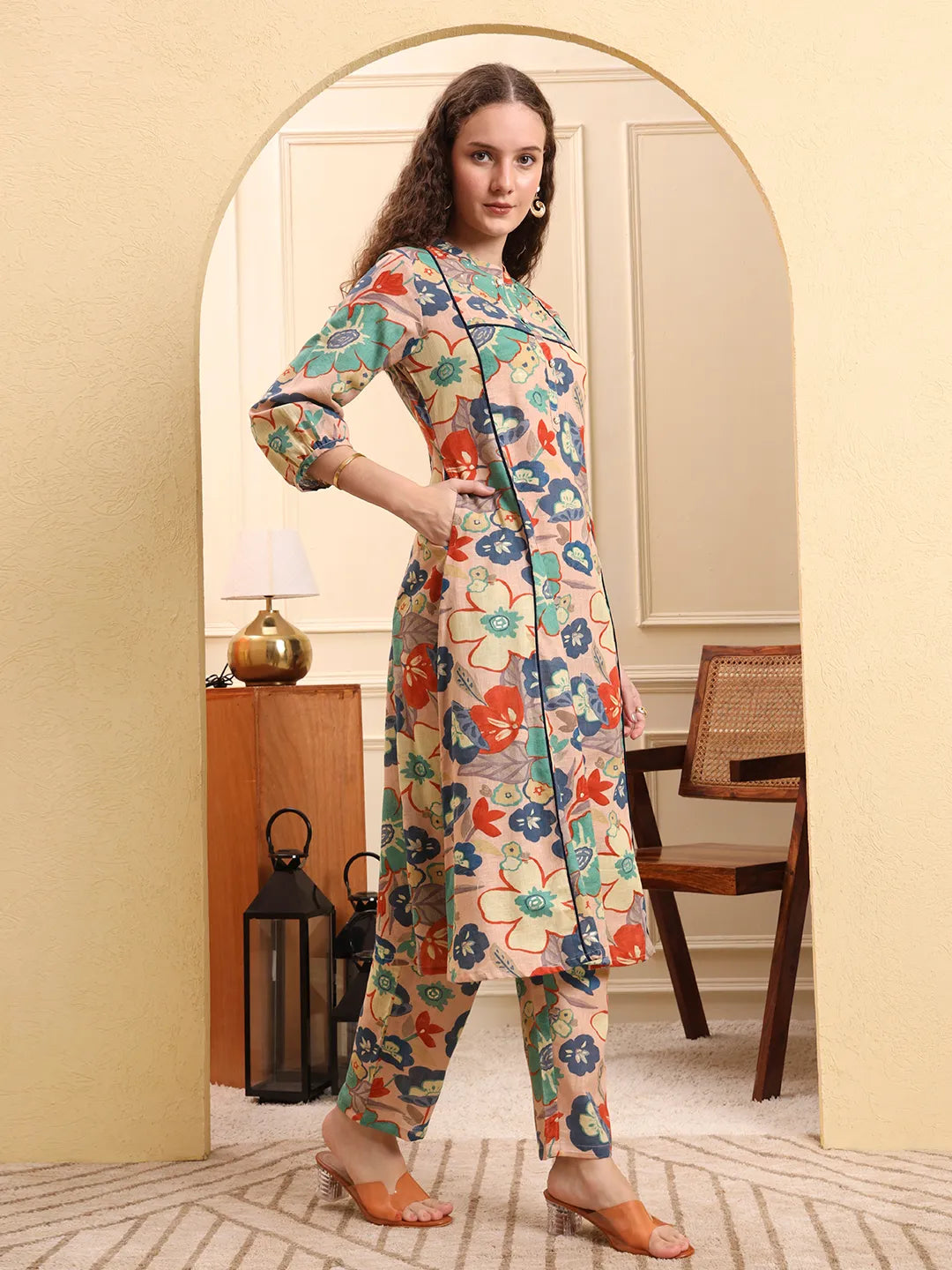 Peach Floral Print A-Line Kurta Trouser Set