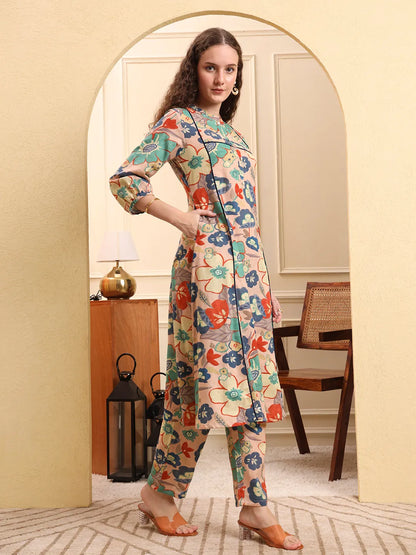Peach Floral Print A-Line Kurta Trouser Set