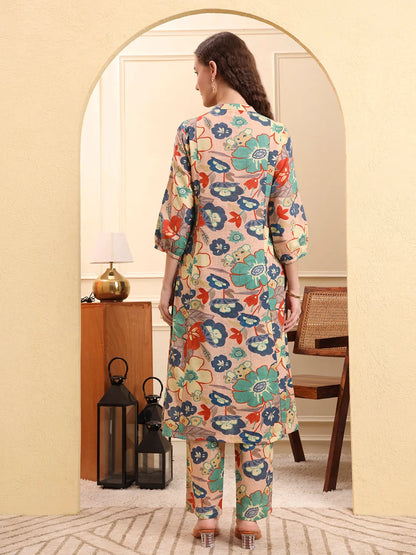 Peach Floral Print A-Line Kurta Trouser Set