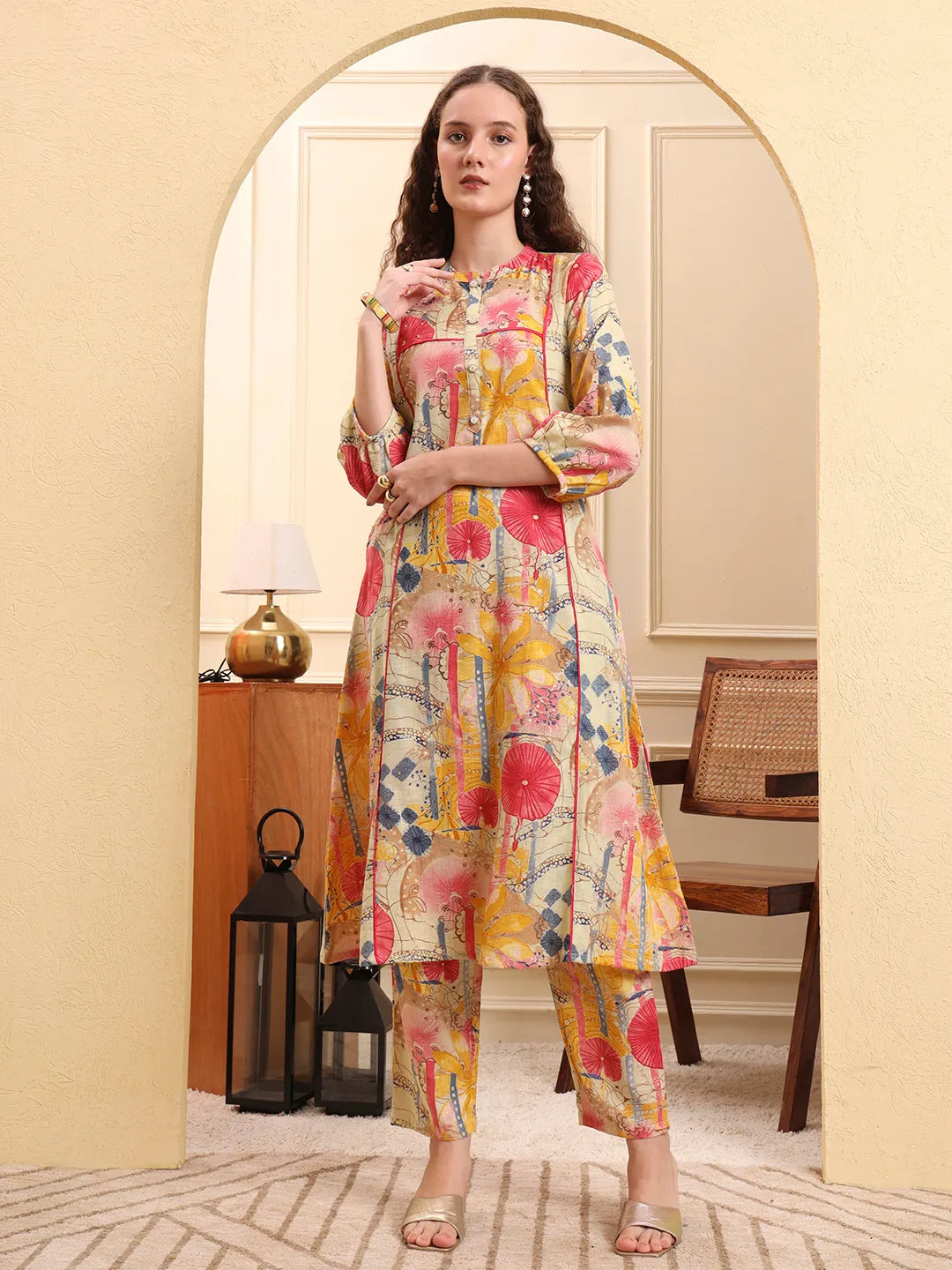 Yellow Floral Print A-Line Kurta Trouser Set