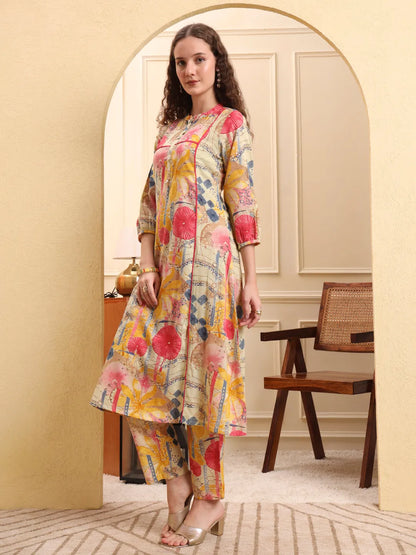 Yellow Floral Print A-Line Kurta Trouser Set