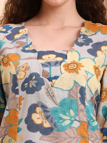 Blue Floral Print A-Line Kurta Trouser Set