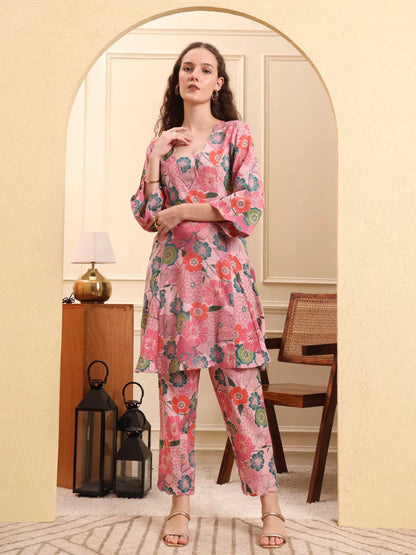 Multi Floral Print A-Line Kurta Trouser Set