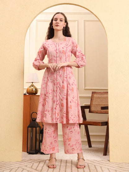 Pink Floral Print A-Line Kurta Trouser Set Kurta Design Show Botton And Piping
