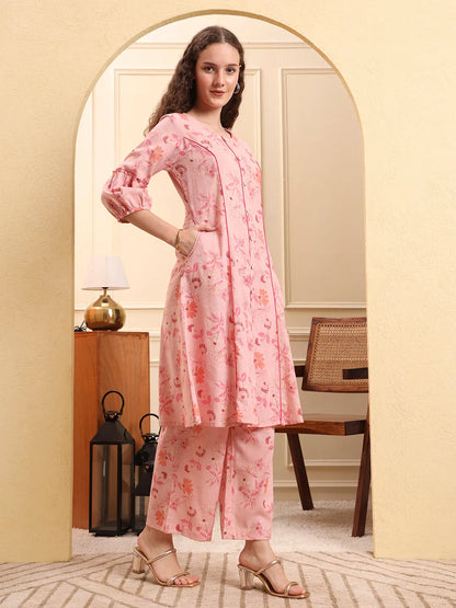 Pink Floral Print A-Line Kurta Trouser Set Kurta Design Show Botton And Piping