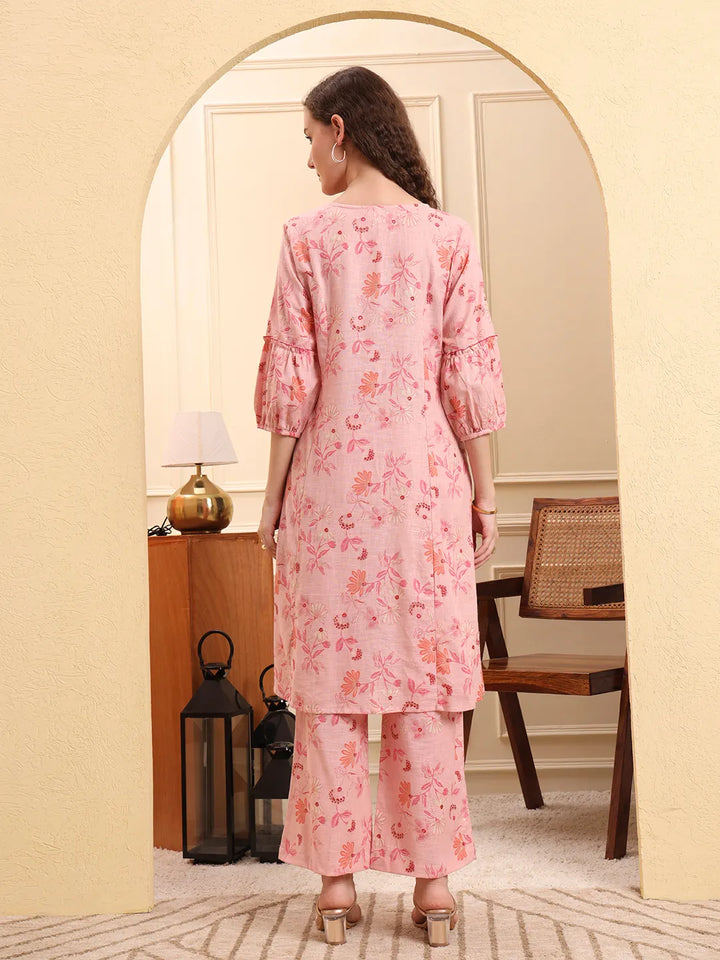 Pink Floral Print A-Line Kurta Trouser Set Kurta Design Show Botton And Piping