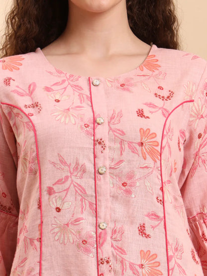 Pink Floral Print A-Line Kurta Trouser Set Kurta Design Show Botton And Piping