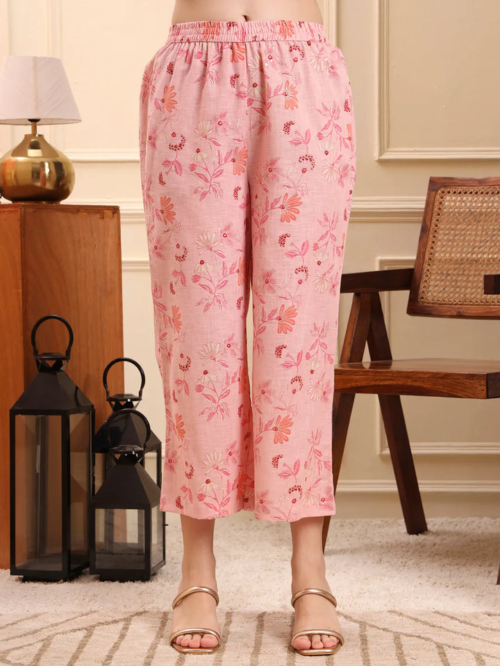 Pink Floral Print A-Line Kurta Trouser Set Kurta Design Show Botton And Piping