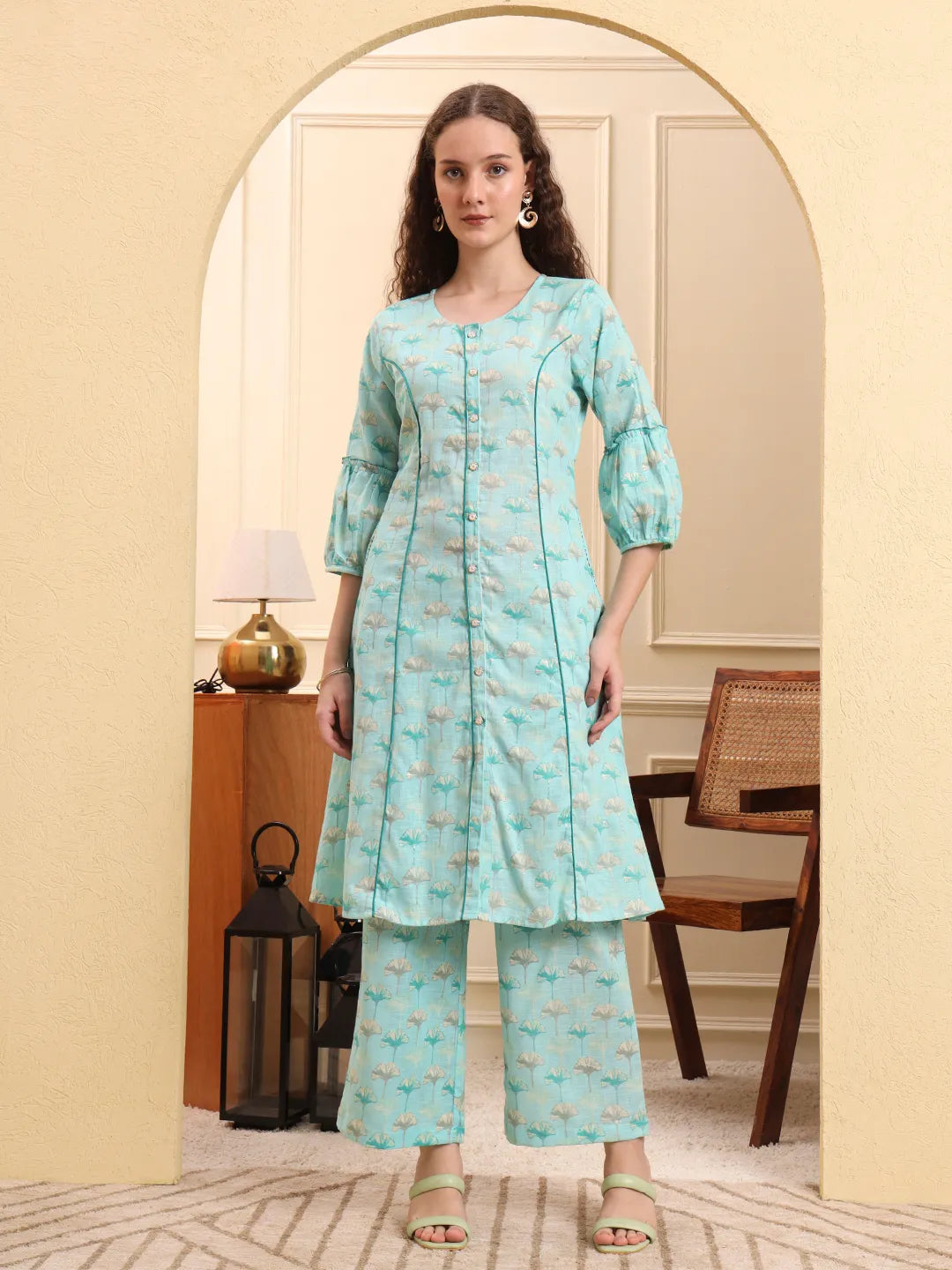 Sea Green Floral Print A-Line Kurta Trouser Set Kurta Design Show Botton And Piping