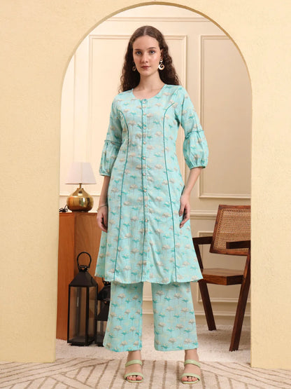 Sea Green Floral Print A-Line Kurta Trouser Set Kurta Design Show Botton And Piping