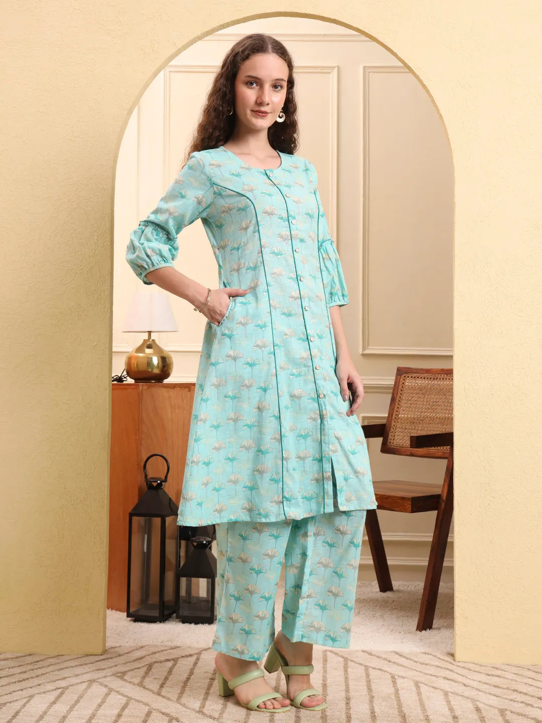 Sea Green Floral Print A-Line Kurta Trouser Set Kurta Design Show Botton And Piping