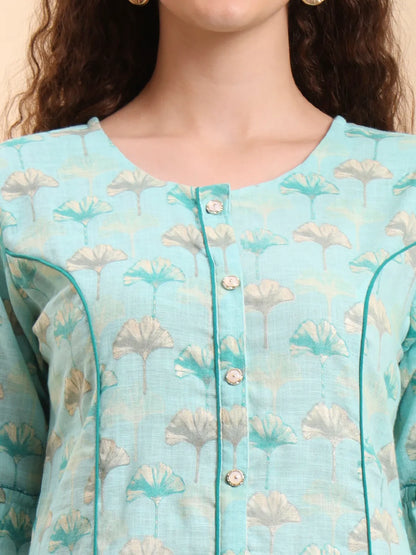 Sea Green Floral Print A-Line Kurta Trouser Set Kurta Design Show Botton And Piping