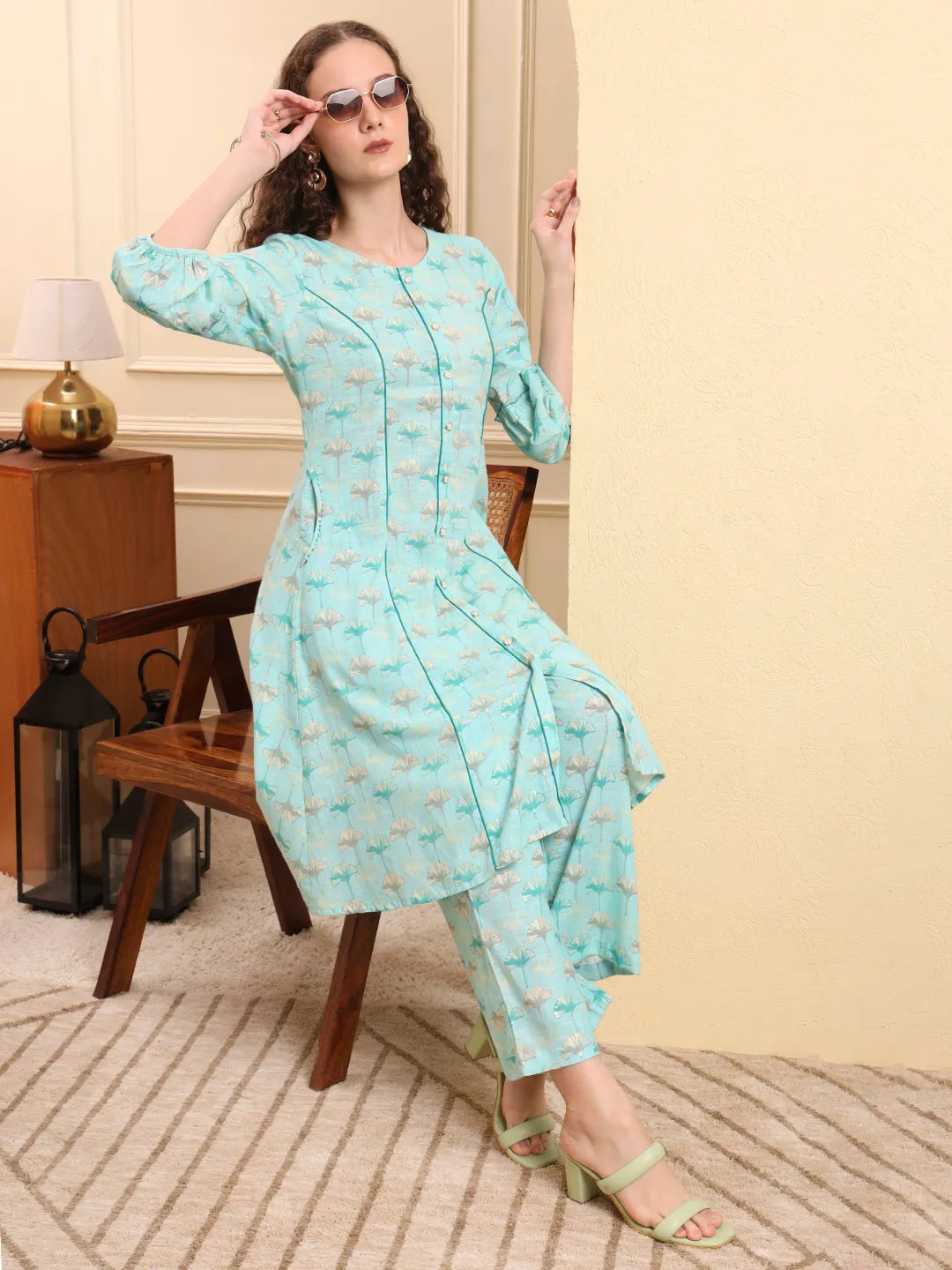 Sea Green Floral Print A-Line Kurta Trouser Set Kurta Design Show Botton And Piping