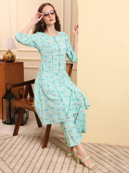 Sea Green Floral Print A-Line Kurta Trouser Set Kurta Design Show Botton And Piping