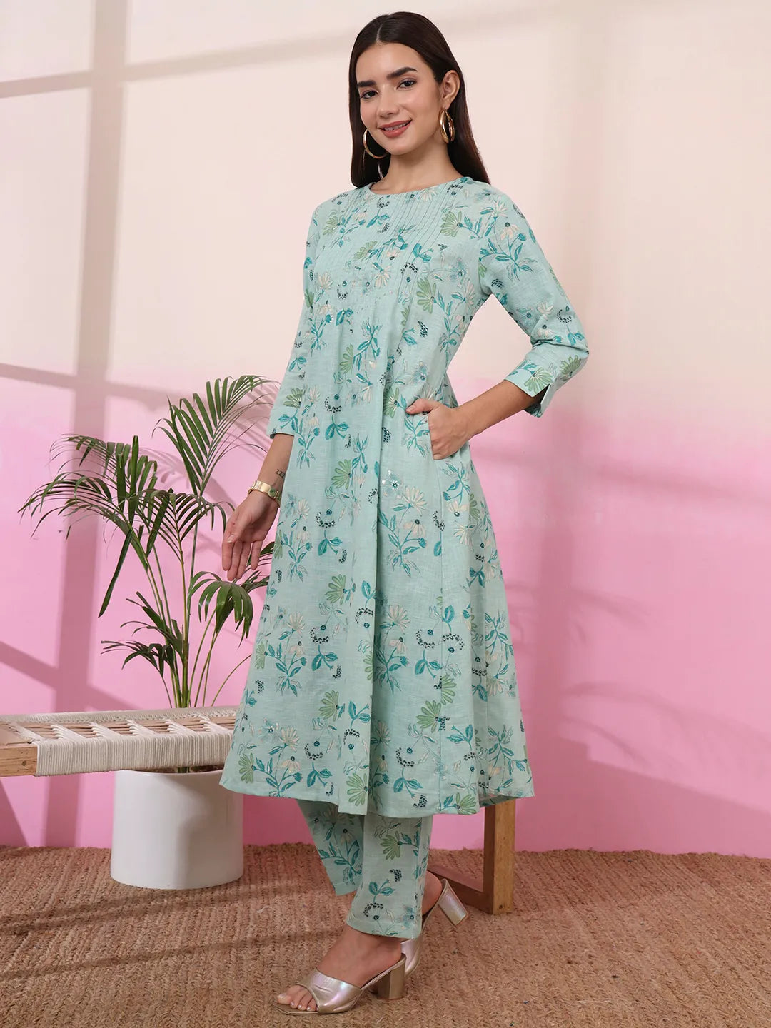 Sea Green Linen A Line Pintucks Kurta Pant